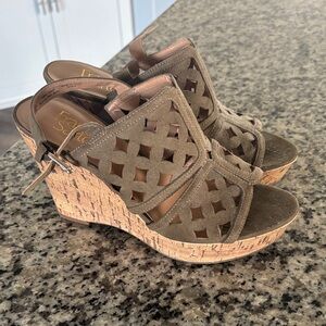 Franco Sarto Taupe Suede Cutout Cork Wedge Sandals